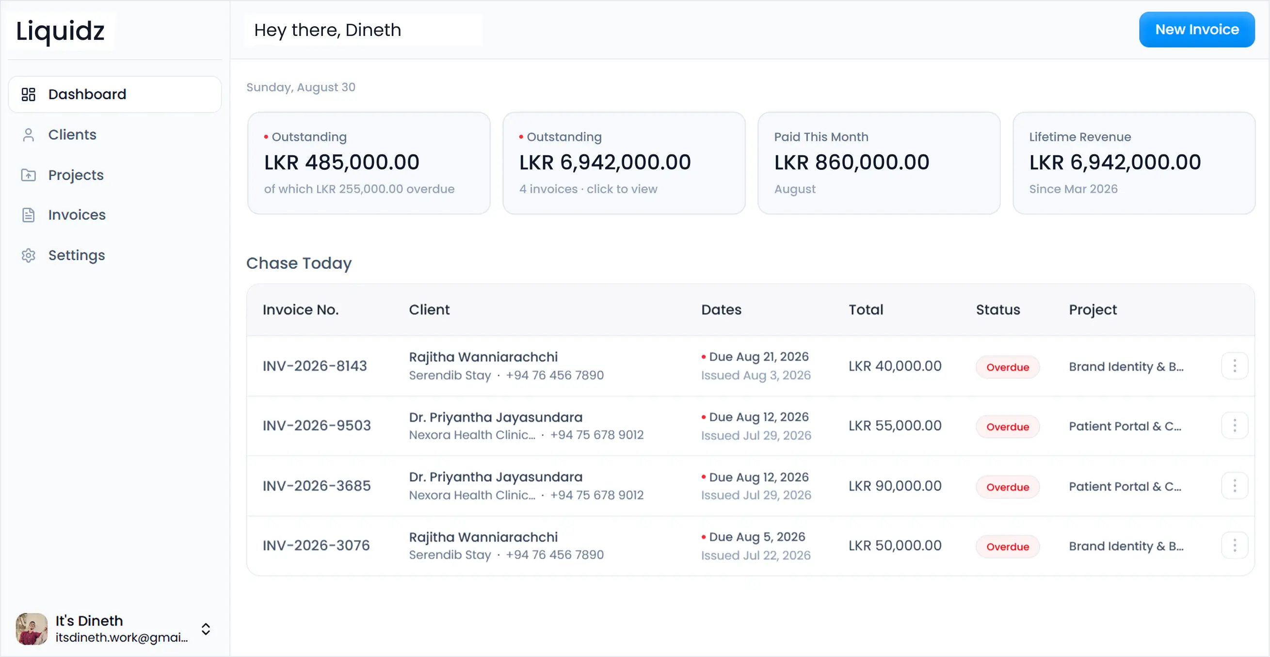 Liquidz dashboard showing unpaid invoices, overdue amounts, and monthly revenue for a freelance business